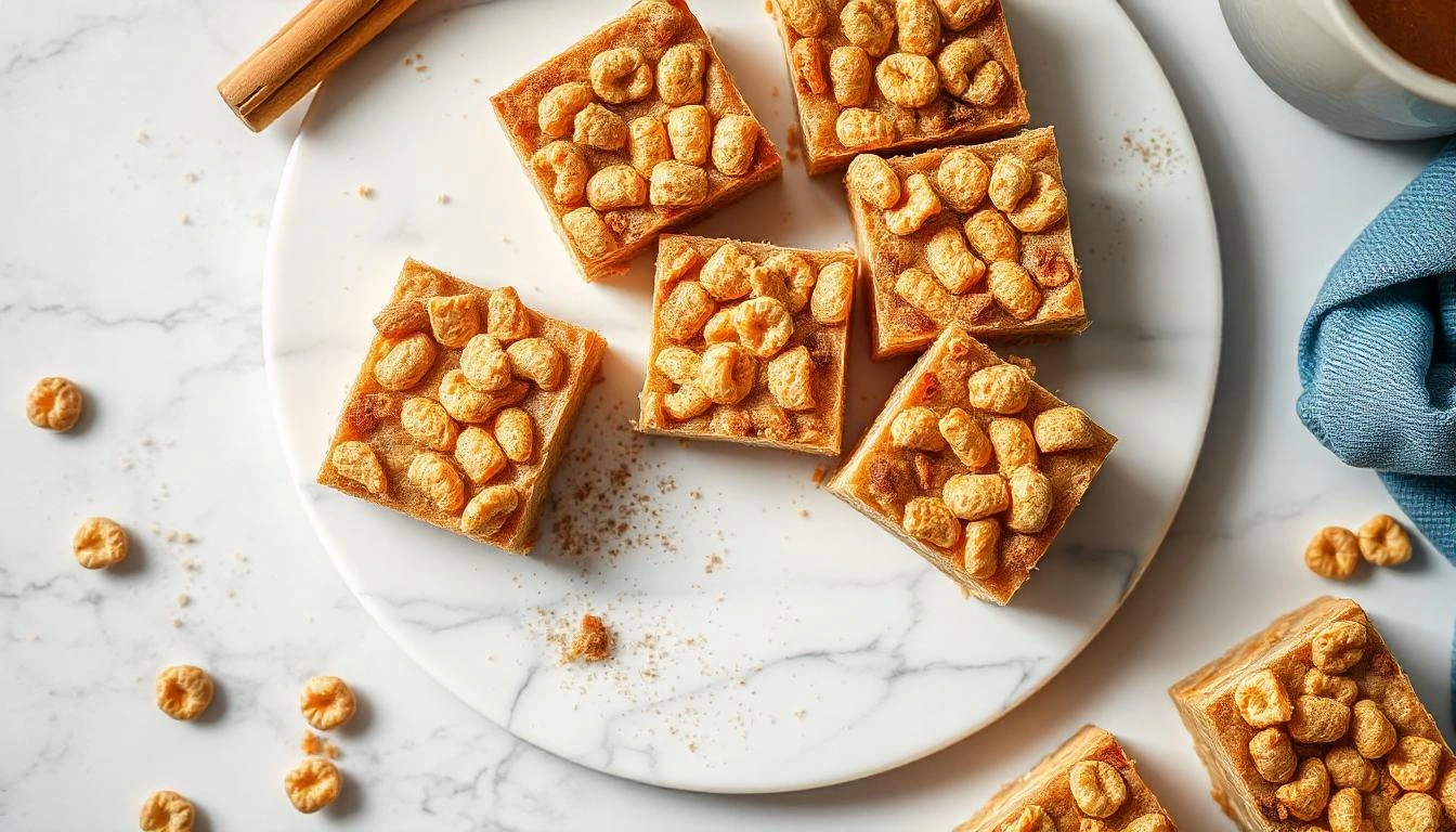 Cinnamon Toast Crunch Bars arranged on a white marble platter with scattered cereal pieces.