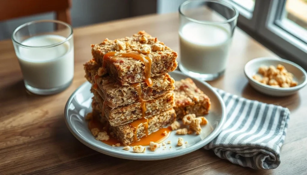 Stack of Cinnamon Toast Crunch Bars drizzled with caramel sauce and garnished with crushed cereal.