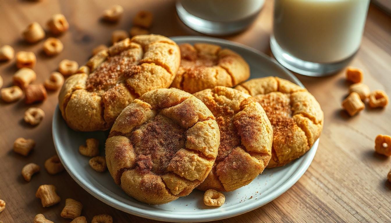 Cinnamon Toast Crunch Cookies freshly baked and dusted with cinnamon sugar, served with milk.