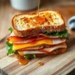 Delicious pepperjack honey ham sandwich with melted cheese and honey-glazed ham on toasted sourdough bread