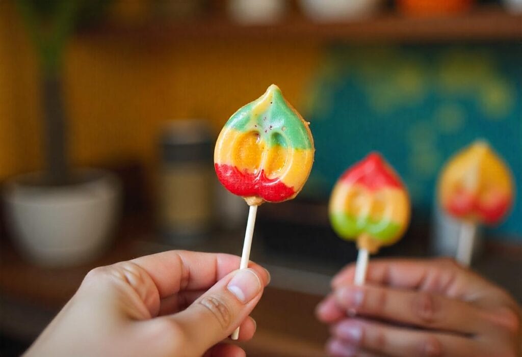 Person holding a Mexican lollipop with a smile and vibrant background