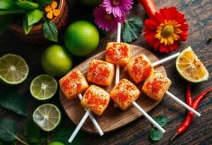 Mexican lollipops with tamarind and chili powder, surrounded by fresh lime and colorful décor