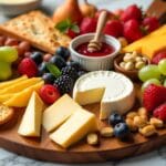 Fruit and cheese platter with a variety of cheeses, fruits, nuts, crackers, honey, and jam