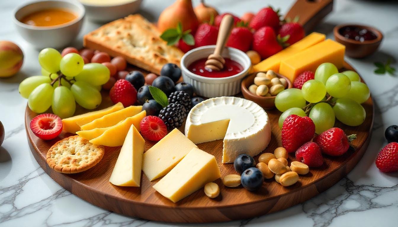 Fruit and cheese platter with a variety of cheeses, fruits, nuts, crackers, honey, and jam