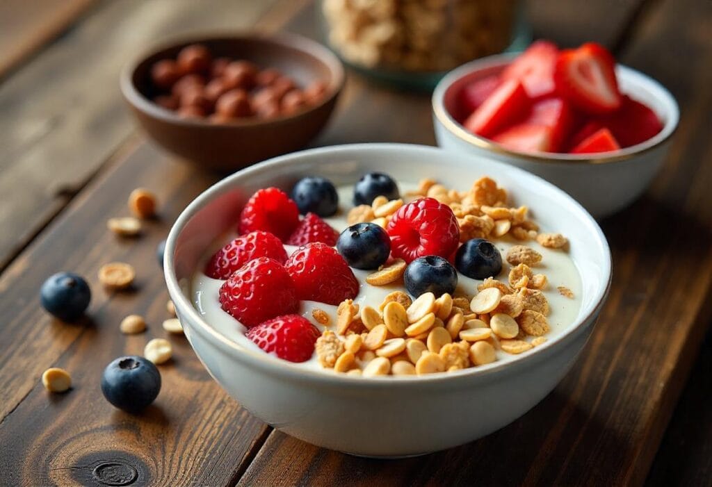 Ingredients of a yogurt bowl arranged neatly on a rustic wooden table, showcasing the diverse components of a yogurt mixture