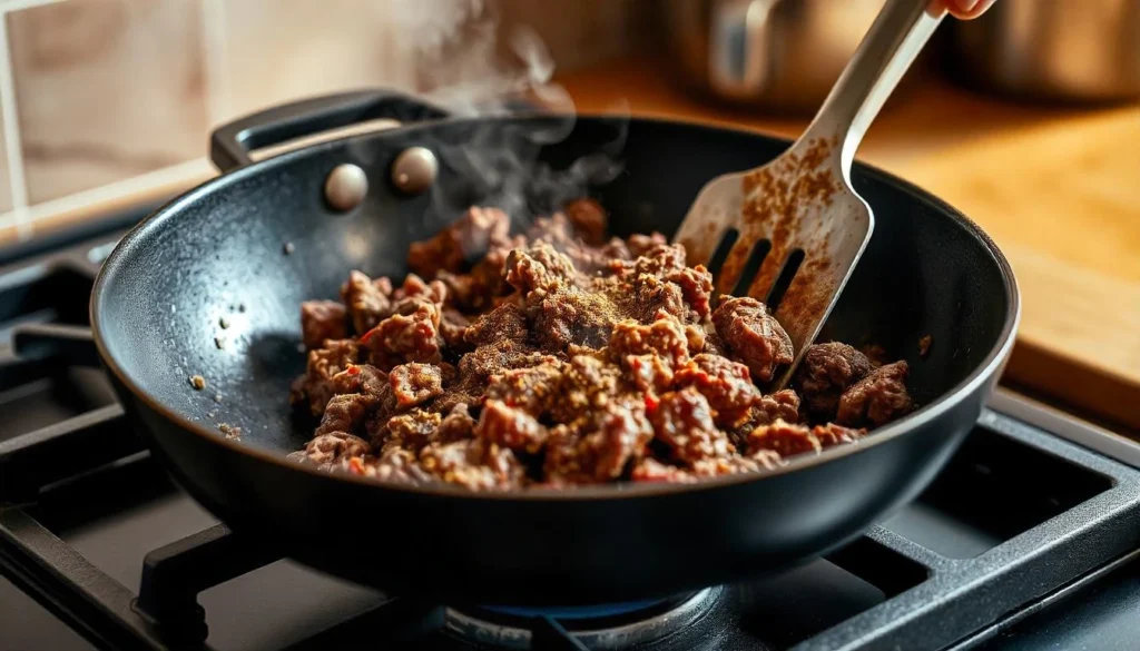 Ground beef being cooked in a skillet for hamburger dip for nachos, with seasoning and steam rising.