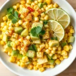 Fresh corn salad with avocado and rice vinegar, garnished with lime and herbs