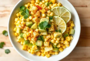 Fresh corn salad with avocado and rice vinegar, garnished with lime and herbs