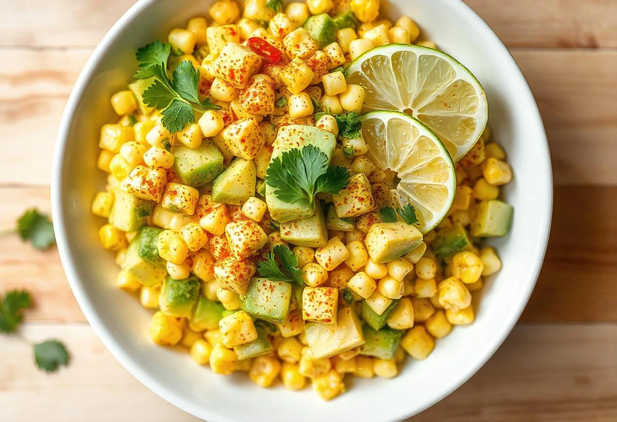 Fresh corn salad with avocado and rice vinegar, garnished with lime and herbs