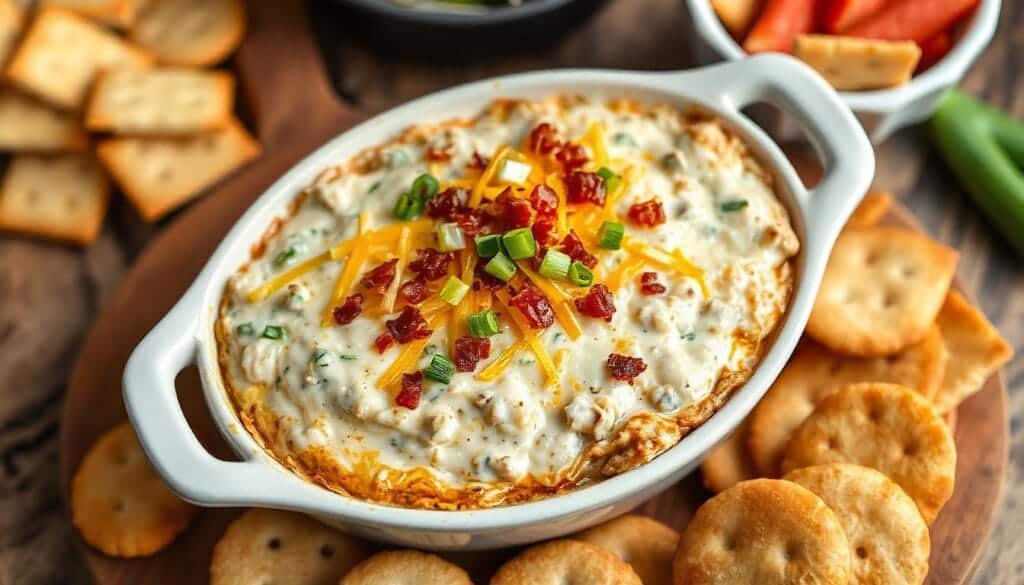 Crack chicken dip served in a warm dish with melted cheese, bacon, and green onions, surrounded by crackers and fresh veggies.