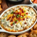 Crack chicken dip served in a warm dish with melted cheese, bacon, and green onions, surrounded by crackers and fresh veggies.