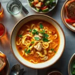 A bowl of creamy Crack Chicken Noodle Soup topped with parsley and bacon, served with bread on a rustic table