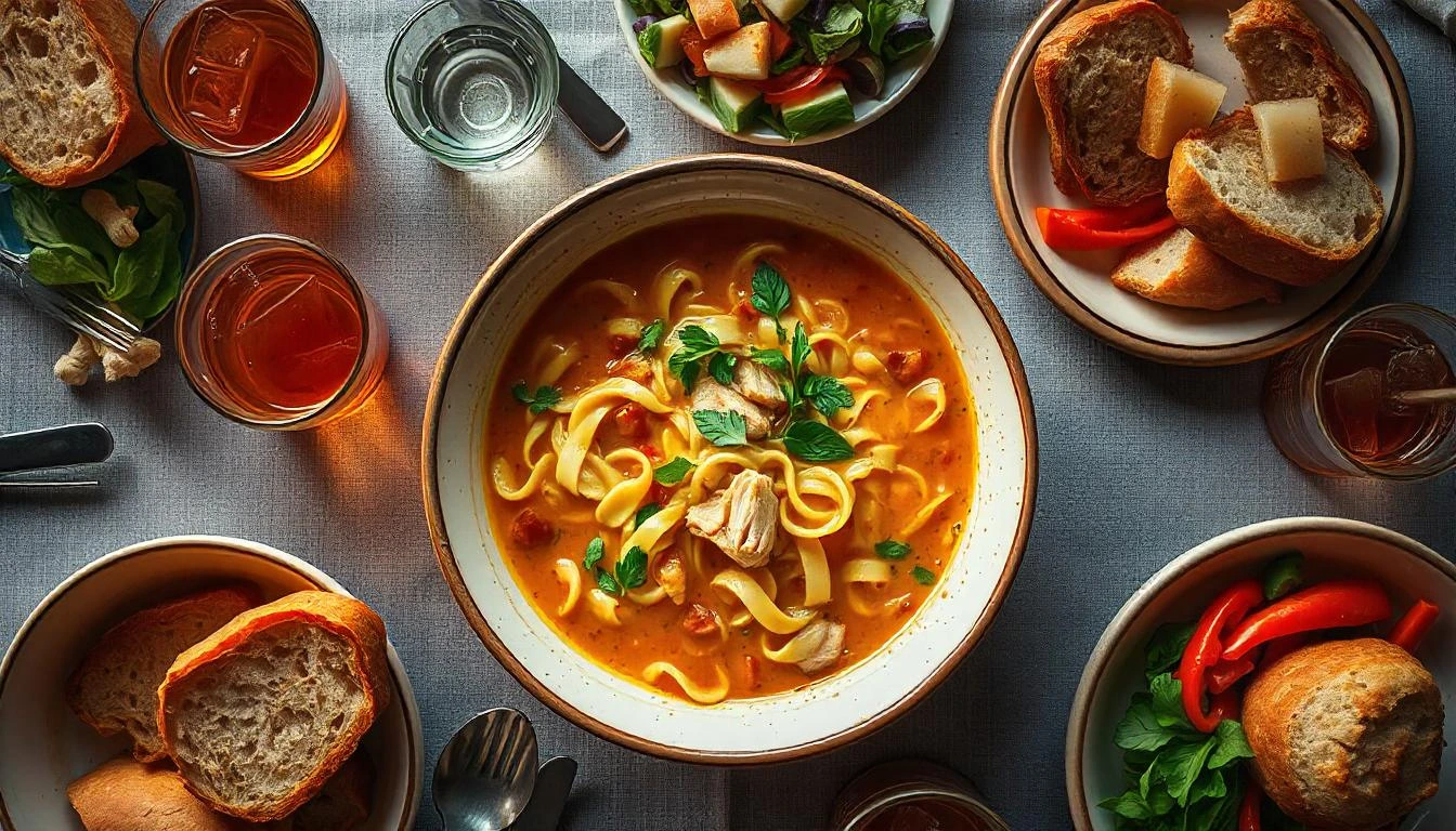 A bowl of creamy Crack Chicken Noodle Soup topped with parsley and bacon, served with bread on a rustic table