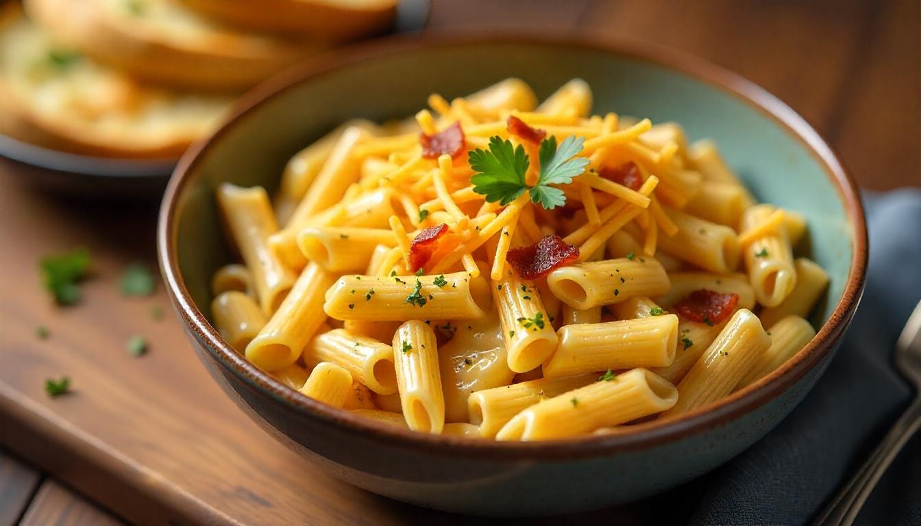 Crack Chicken Penne served in a bowl with creamy sauce, cheddar, and bacon.