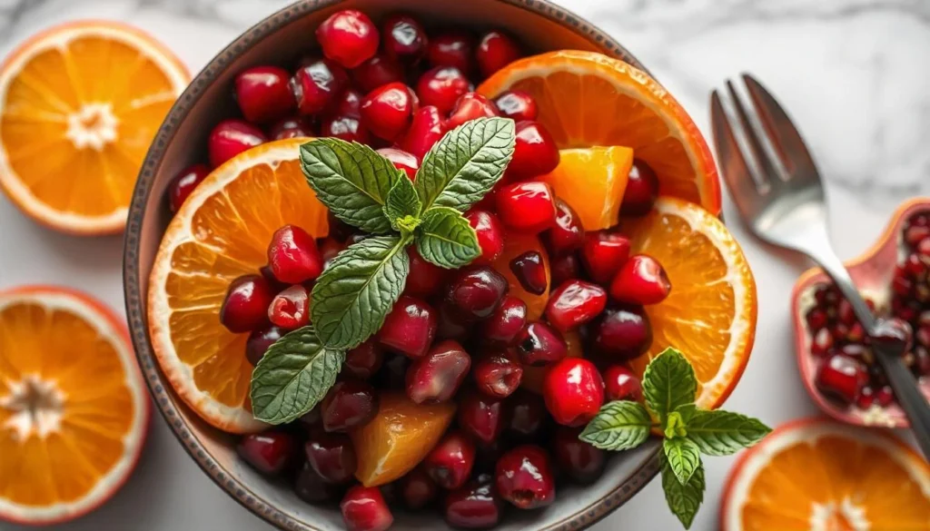 Fresh cranberries, pomegranate seeds, and mandarin oranges on a white counter ready for a fruit salad.