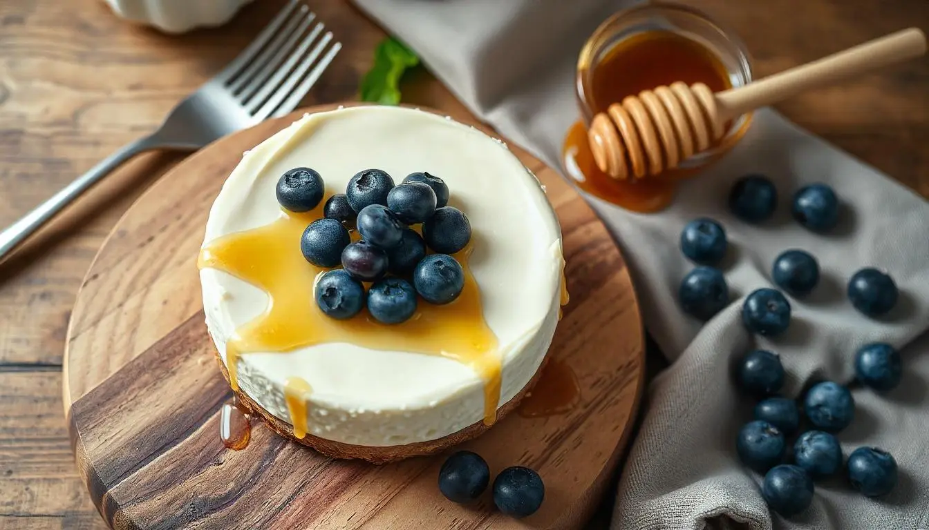 Close-up of a creamy cheesecake with a smooth cream cheese filling, topped with fresh blueberries and honey drizzle.