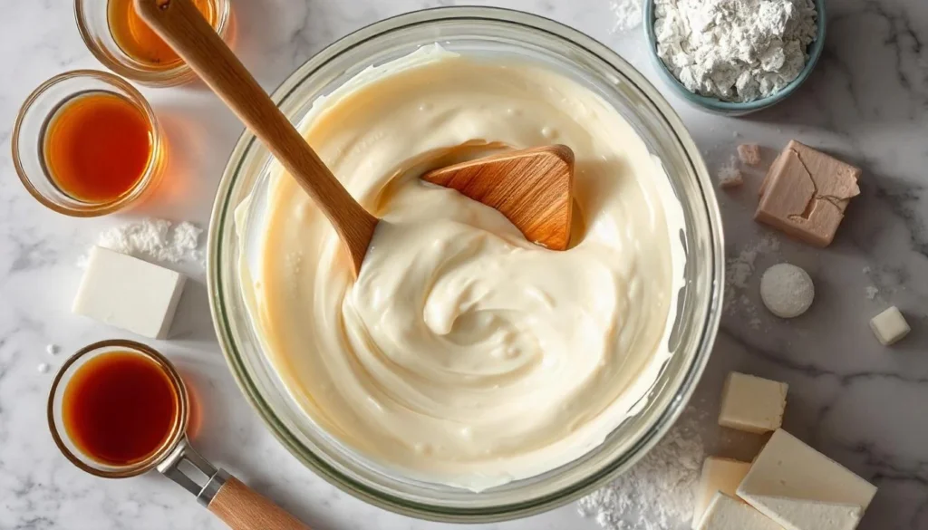 Cream cheese filling being prepared with vanilla extract and sugar on a marble kitchen counter