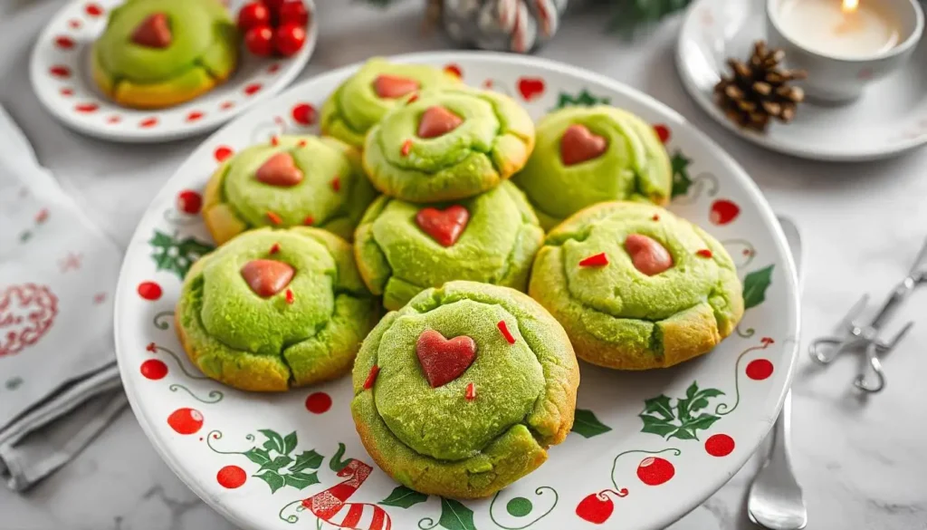 Freshly baked Grinch cookies with red heart sprinkles on a holiday plate