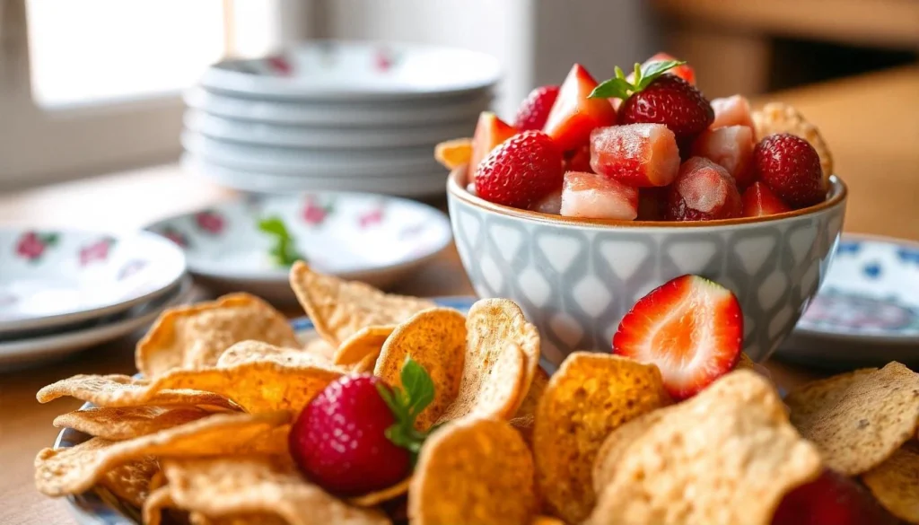 Fruit salsa with frozen strawberries, served with cinnamon-sugar chips for dipping, placed on a bright wooden table.