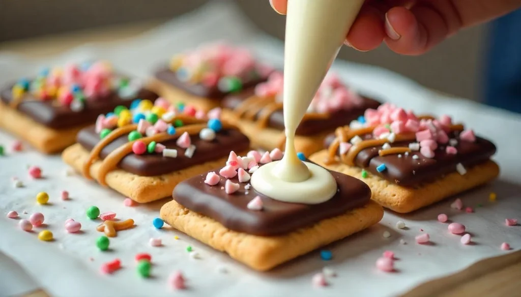 Chocolate-covered graham crackers served with milk, coffee, and cheesecake on a rustic tray.
