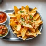 Fresh, crispy tortilla strips served with salsa and guacamole on a wooden platter.