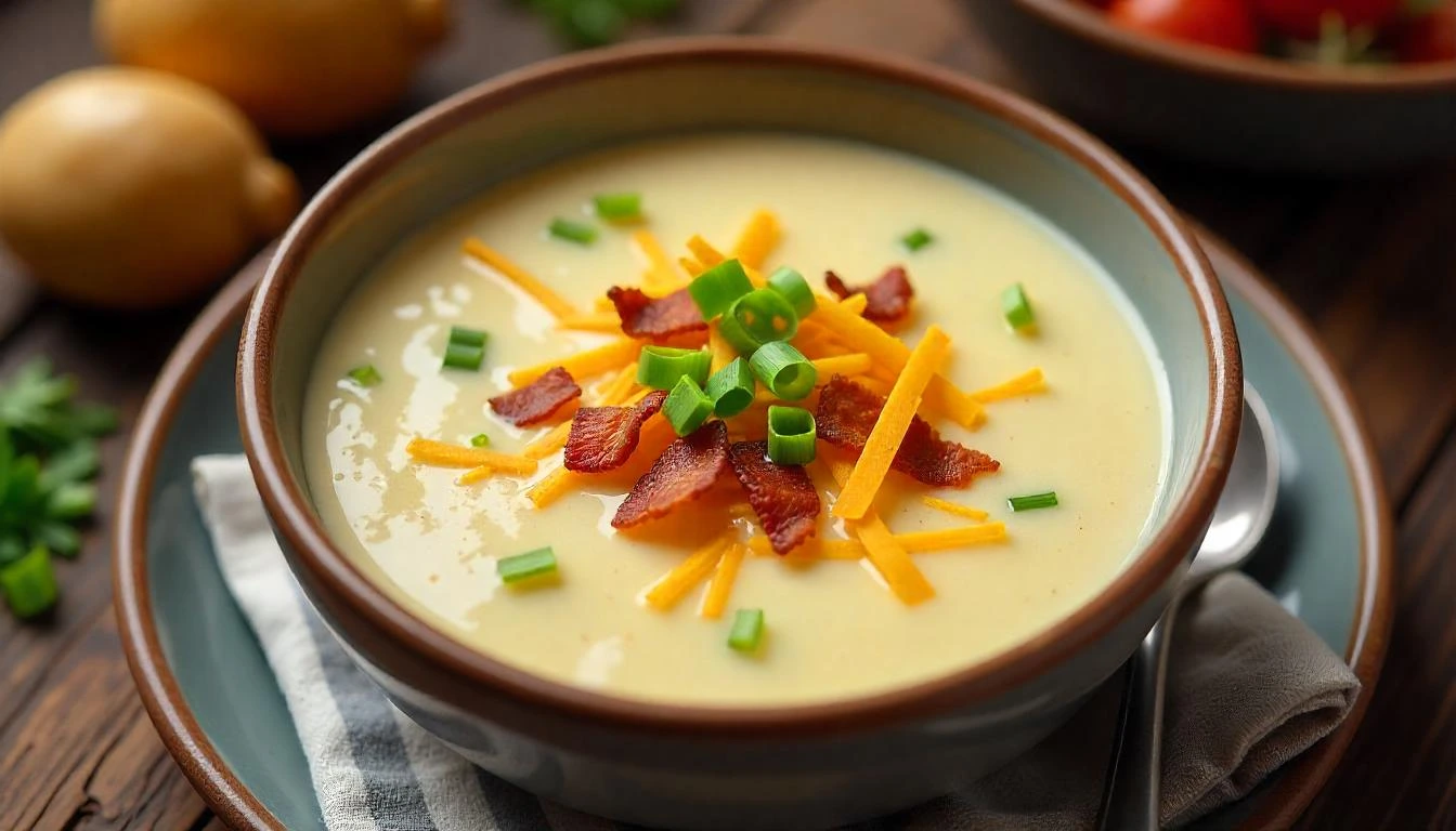 Crock Pot Crack Potato Soup with bacon, cheese, and green onions in a cozy kitchen setting