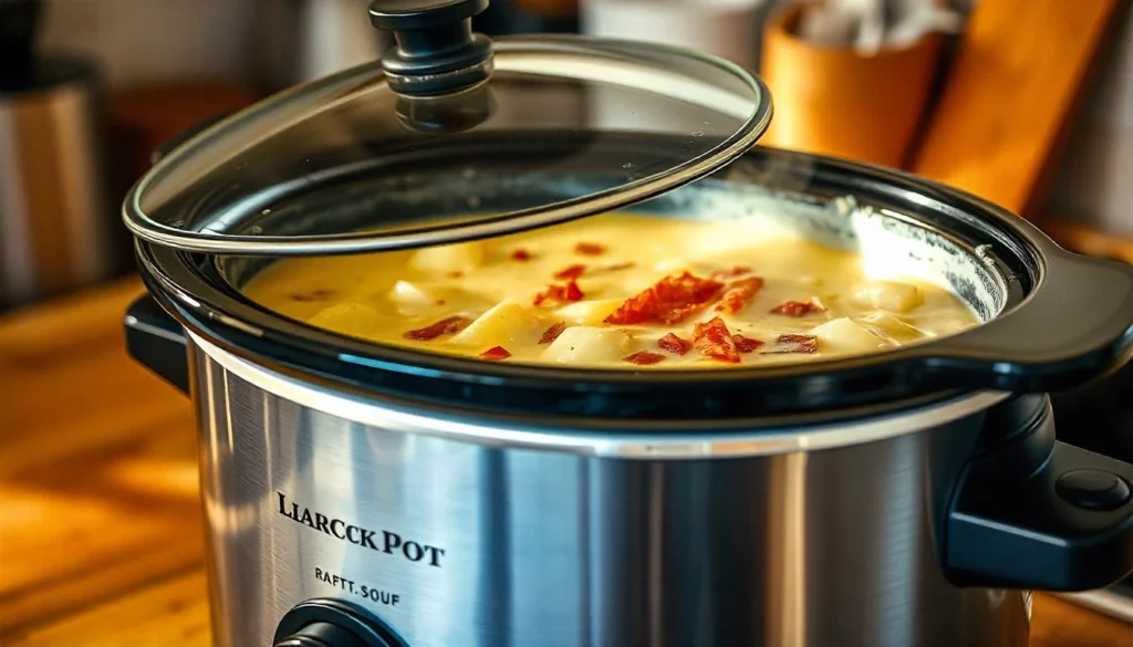 Crock Pot Crack Potato Soup simmering with potatoes, bacon, and cheese