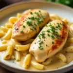 Crockpot Angel Chicken served over pasta with a creamy, rich sauce