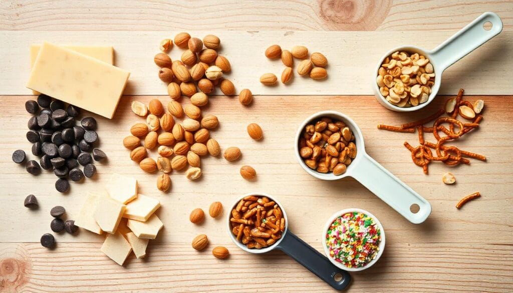 Ingredients for Crockpot candy crack, including almond bark, chocolate chips, peanuts, and caramel chips, on a wooden surface.