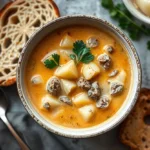 Hearty bowl of crockpot creamy potato and hamburger soup served with crusty bread.