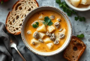 Hearty bowl of crockpot creamy potato and hamburger soup served with crusty bread.