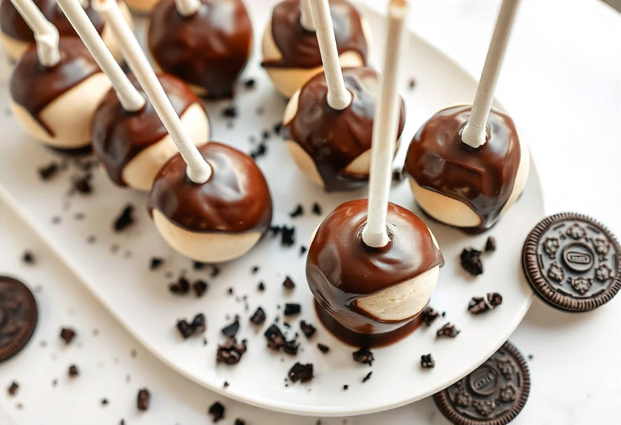 A close-up view of cookies and cream cake pops on a decorative tray, dipped in chocolate, with crushed Oreos sprinkled around