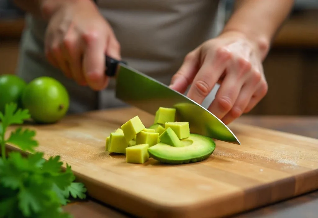 Chef dicing ripe avocado for corn salad with rice vinegar