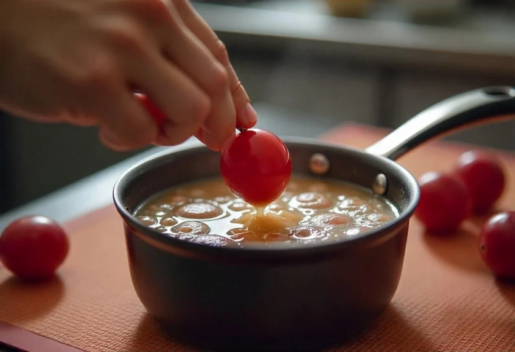 Hand dipping a grape into the sugar mixture for candied grapes with nuts.