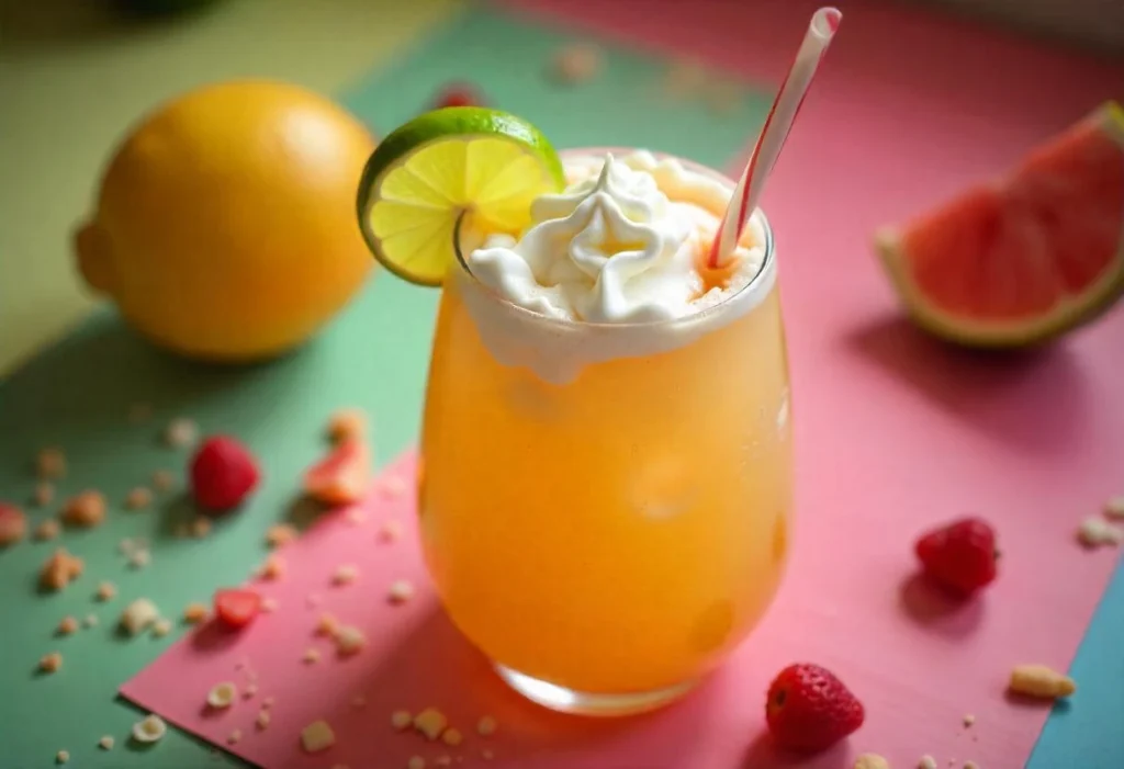 Dirty soda served in a mason jar with lime wedges, cherries, and a paper umbrella on a rustic table.