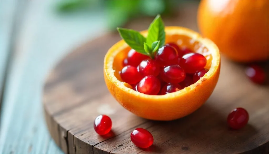 Cranberry pomegranate mandarin oranges served in hollowed-out orange peels, garnished with mint leaves.