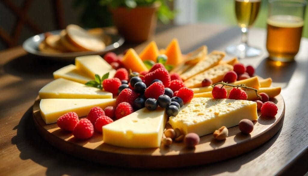 Assortment of fresh fruits including grapes, apples, strawberries, and pears on a platter with cheese. 