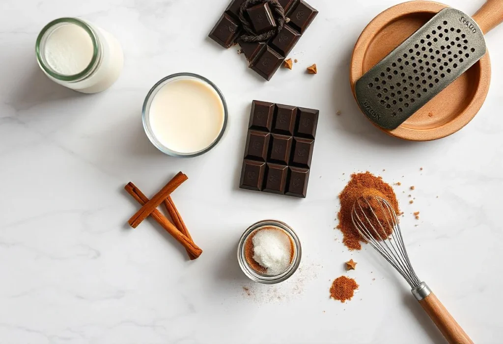 Ingredients for Martha Washington drinking chocolate, including dark chocolate, milk, cinnamon sticks, and nutmeg on a marble surface.