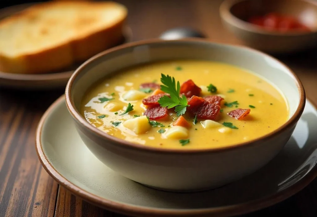 Bowl of creamy potato and hamburger soup with parsley and crispy bacon bits, served with toasted bread.