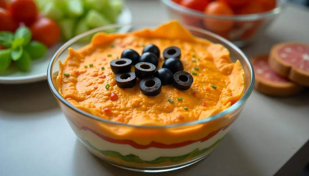 A close-up of sliced black olives added to the top of a seven-layer dip in a trifle dish.