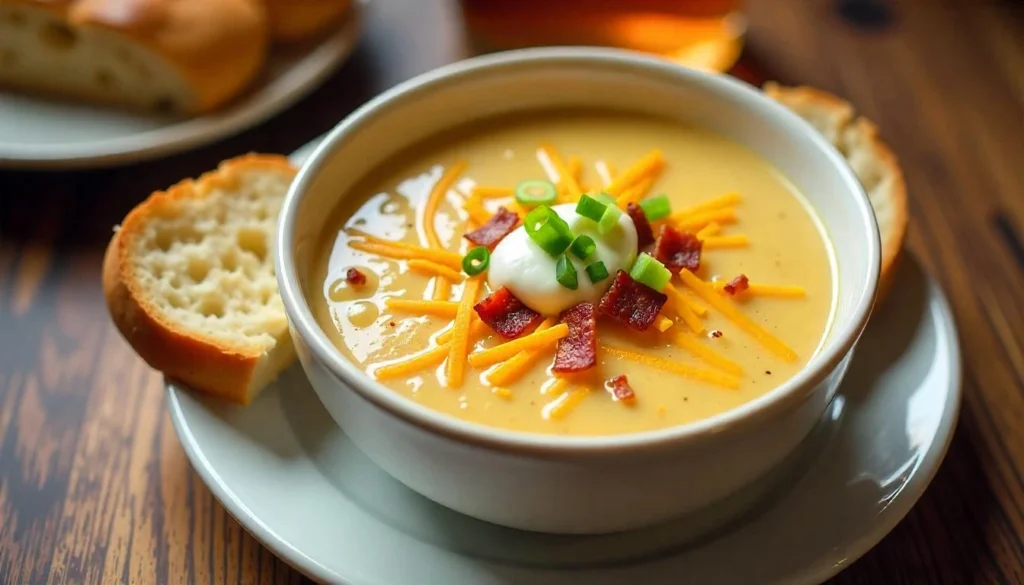 Final bowl of Crock Pot Crack Potato Soup garnished with bacon, cheese, and sour cream