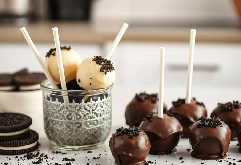 Finished cookies and cream cake pops dipped in chocolate and decorated with crushed Oreos, displayed in a decorative jar