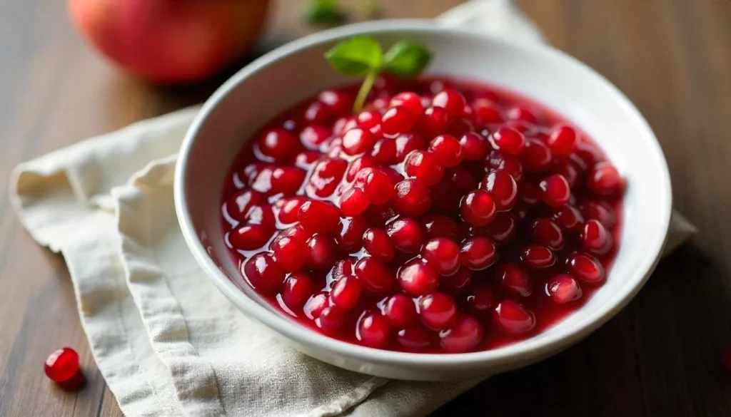 A bowl of cranberry pomegranate mandarin oranges salad with honey drizzle and mint garnish.