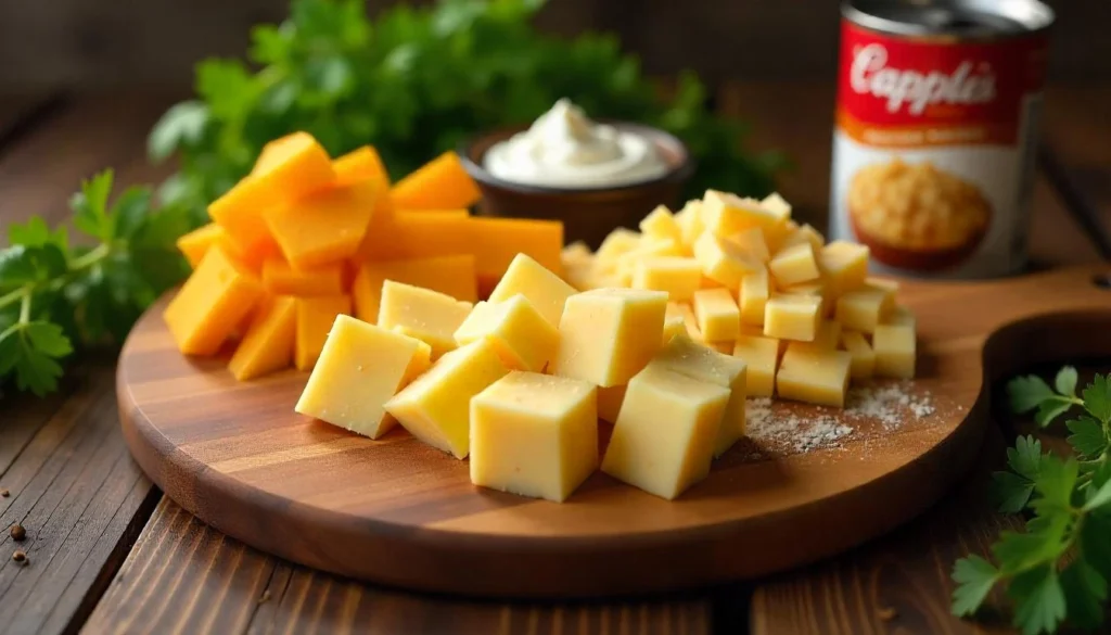 Close-up of fresh ingredients for cheesy potatoes including cheddar cheese, sour cream, hash brown potatoes, and cream of chicken soup.