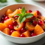 A bowl of cranberry pomegranate mandarin oranges salad with honey drizzle and mint garnish.