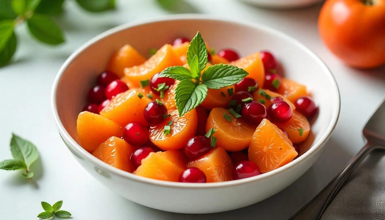 A bowl of cranberry pomegranate mandarin oranges salad with honey drizzle and mint garnish.