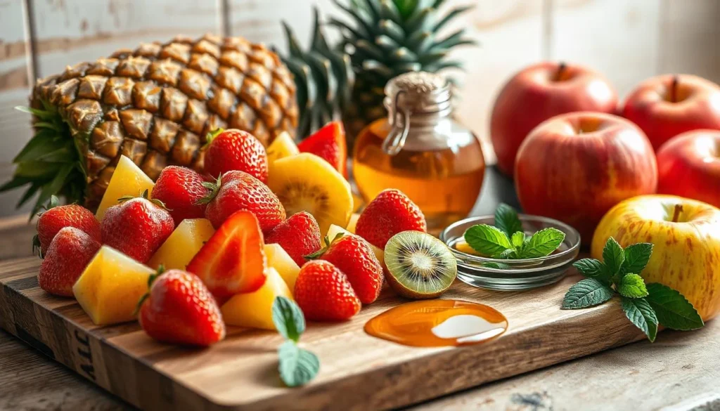 Fresh ingredients for fruit salsa, including frozen strawberries, kiwi, pineapple, and apples, with lime juice and honey on a wooden board.