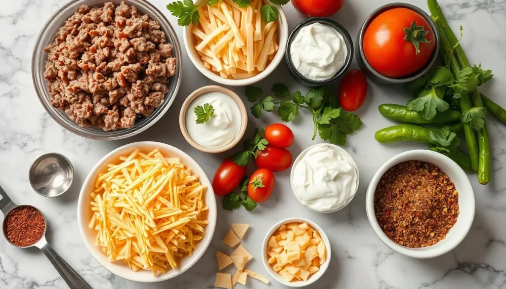 Fresh ingredients for hamburger dip for nachos, including ground beef, cream cheese, cheddar cheese, and taco seasoning.