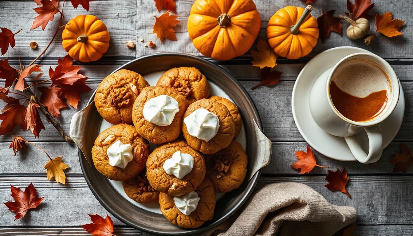 Close-up of pumpkin pie cookies with pumpkin filling, cinnamon garnish, and autumn decor.