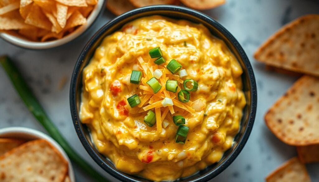 Fiesta Corn Dip with Rotel served in a bowl surrounded by tortilla chips and fresh vegetables.